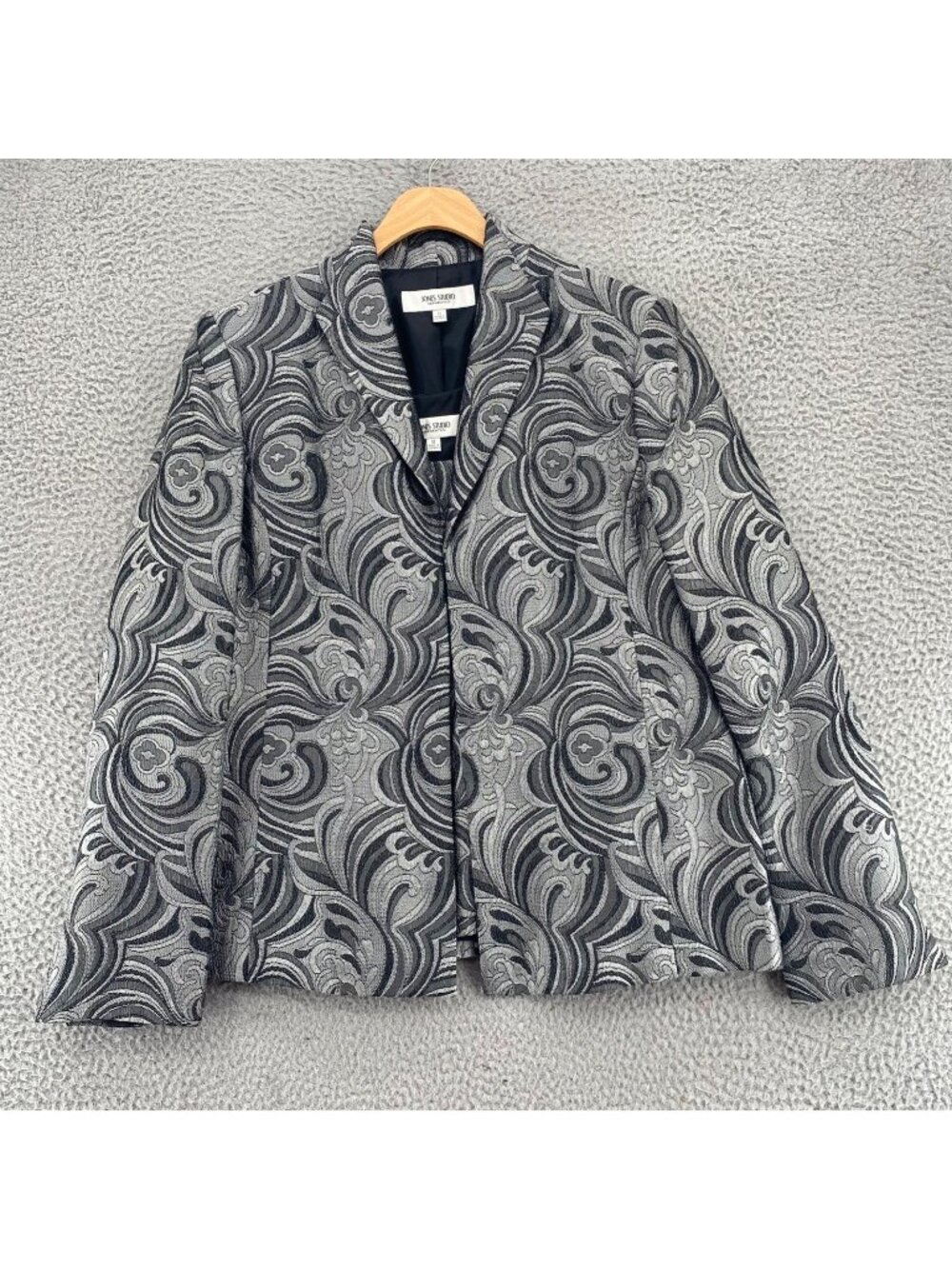 Jones Studio Set Womens 12 Silver Paisley Blazer Shawl Lapel Jacket Suiting Top